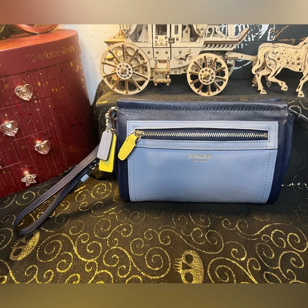 Coach Navy and Light Blue Leather Wristlet with Yellow Accent